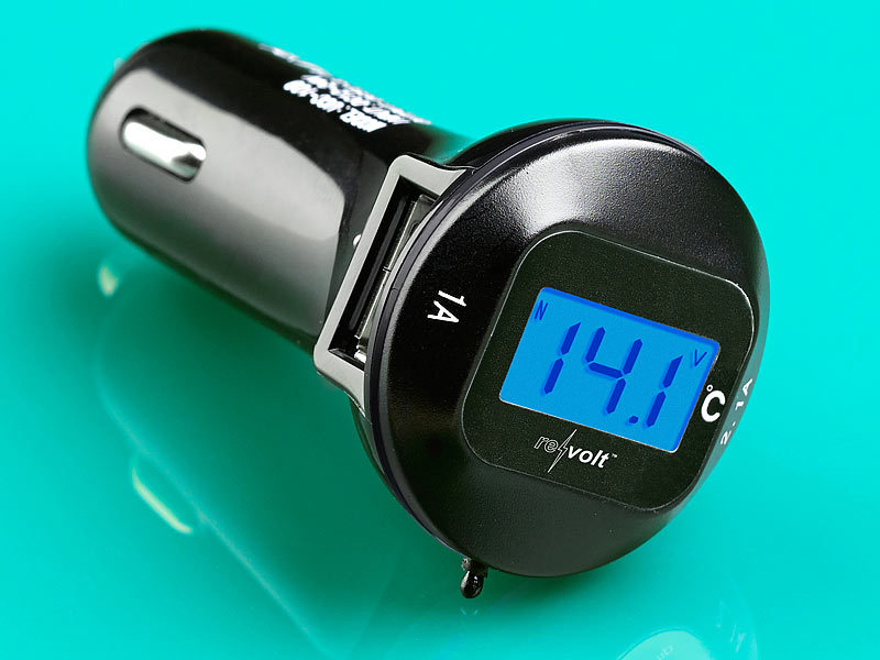 revolt Kfz-USB-Ladegerät, 2xUSB, LCD-Spannungswarner, Thermometer