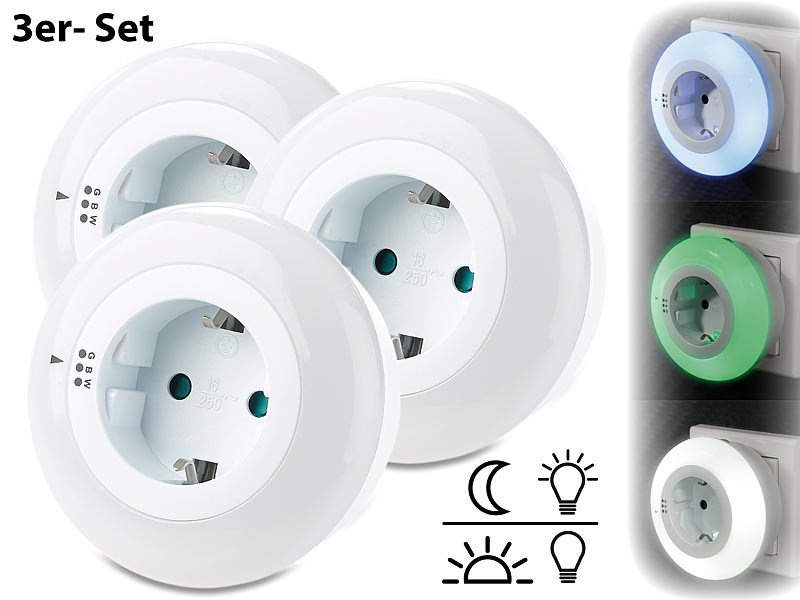 revolt LED-Nachtlicht mit Dämmerungssensor und 3 Farben, 3er-Set Steckdose